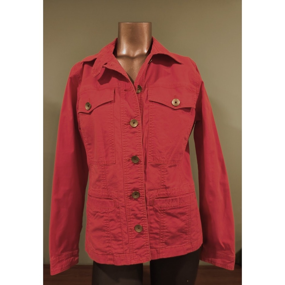 Cabi Womens Red Utility Jacket Ruffle‎ Tiered Peplum Hem Cotton Stretch Size M